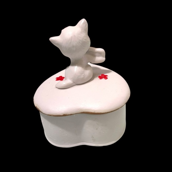 Vintage Lefton Heart-Shaped Cat Trinket Box White/Red - Picture 3 of 6